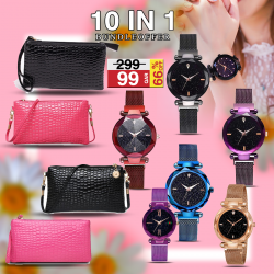 10 In 1 Bundle Offer, 4pcs Assorted Color & Design Ladies Wallet, 6Pcs Luxury Crystal Women's Magnet Watch, LX78